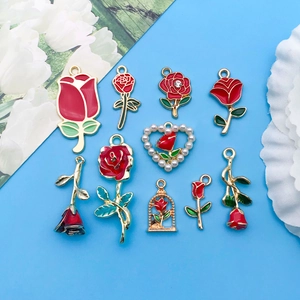 Alloy Enamel Red Rose Flower Heart Artificial Pearl DIY Charms For Bracelet Necklace Keychain Jewelry Making Accessories