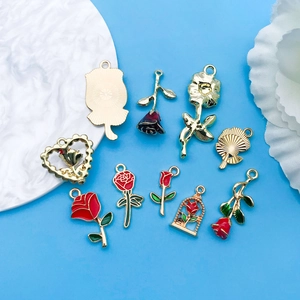 Rose and heart alloy charms with red enamel and gold plating for DIY jewelry making