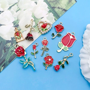 Red rose heart pearl alloy pendants set for DIY jewelry making and keychain charms