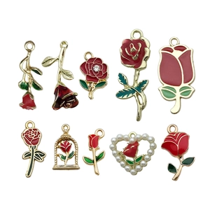 Set of 10 red rose heart charms with pearls and oil drip finish for DIY jewelry