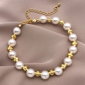 Elegant 18k gold plated lantern bead and pearl bracelet with adjustable lobster clasp