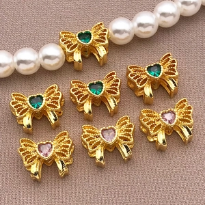 18K Gold Plated Copper Bowknot Spacer Beads Heart Zirconia For DIY Bracelet Necklace Jewelry Making Handmade Accessories