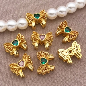 18K gold plated bow spacer bead with heart zircon for DIY jewelry necklace making