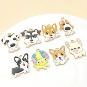 Detail of eight diverse cartoon dog enamel charms for DIY jewelry making accessories