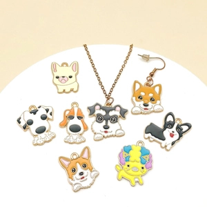 Cartoon dog enamel charms set with necklace and earring on a white display stand