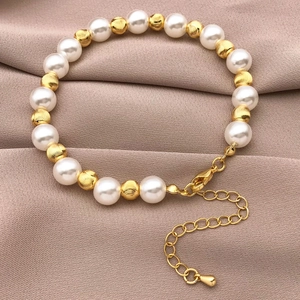 Elegant 18k gold plated beads and pearl bracelet with adjustable lobster clasp