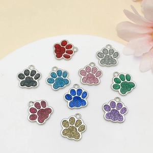 Colorful paw print alloy pendants with glitter enamel and metal rings for DIY jewelry