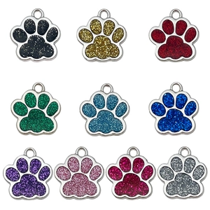 Set of 10 colorful paw print pet tags with glitter finish and silver metal frames
