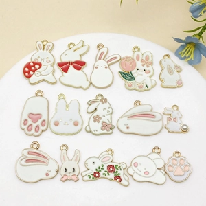 Enamel Rabbit Pendant Alloy Cartoon Animal Charm For Bracelet Necklace Jewelry Making Easter Bunny Flower Paw Mushroom