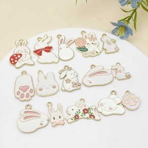 Set of 14 cartoon rabbit and paw enamel alloy charms for DIY jewelry making