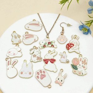 White enamel rabbit pendants and floral jewelry charms collection for DIY necklaces