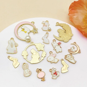 Kawaii Easter bunny charms with moon and pearl accents for DIY jewelry and keychains