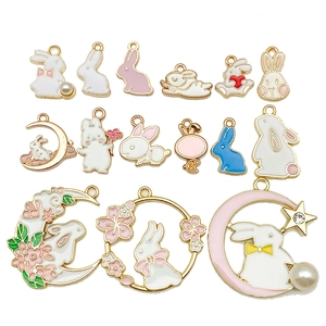 15pcs set of cute bunny enamel pendants with moon and pearls for DIY jewelry making