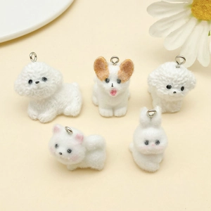 Flocked Resin Animal Charms Cute 3D Rabbit Corgi Teddy Poodle Pendants DIY Keychain Accessory Jewelry Making Supplies