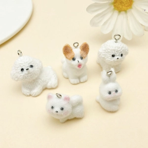 Five cute flocked resin 3D animal charms including corgi and rabbit for DIY keychains