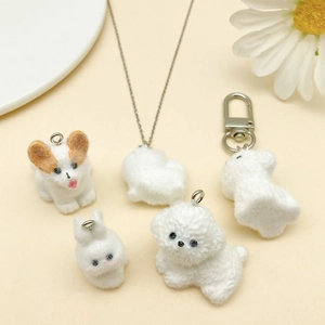 Cute flocked resin animal charms with metal loops for DIY keychains and jewelry making