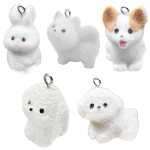 Set of 5 flocked resin cartoon animal charms including rabbit and corgi with silver rings