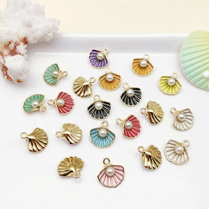 Set of ten colorful enamel scallop shell charms with imitation pearls for DIY jewelry