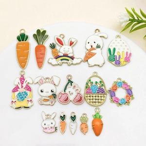 15 Styles Enamel Easter Charms Zinc Alloy Cartoon Rabbit Carrot Egg Pendants For DIY Jewelry Making Necklace Accessories