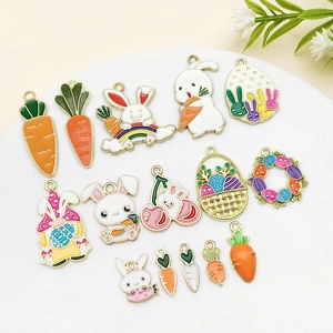 Detailed assortment of Easter bunny and carrot enamel pendants for DIY jewelry crafting