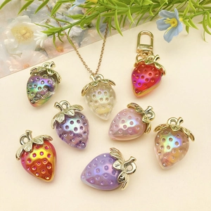 Colorful AB acrylic strawberry charms with gold leaves for DIY jewelry and keychains