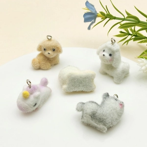 Cute flocked resin animal charms including poodle and unicorn for DIY keychains