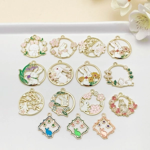 Cute Rabbit Flower Wreath Alloy Enamel Pendants For DIY Jewelry Making Easter Bunny Charms Necklace Bracelet Accessory
