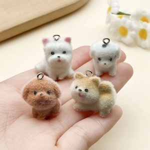 Mini flocked animal dog charms set with metal rings for keychains and DIY crafts