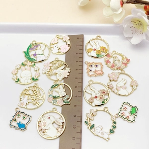 Cute enamel rabbit flower wreath charms set for DIY jewelry and keychain making