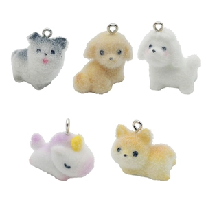 Set of five cute flocked resin animal pendants including puppy and unicorn for DIY crafts
