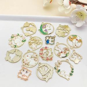 Japanese style rabbit and floral enamel pendants set for DIY jewelry and keychains