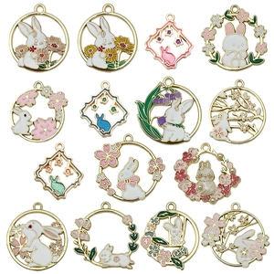 Cute bunny enamel charms set with colorful floral designs for DIY jewelry making