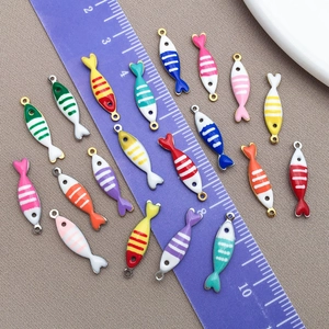 Colorful enamel fish pendant charms in stainless steel measuring 20mm with stripe patterns