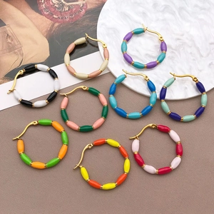 U-shaped stainless steel enamel hoop earrings in multiple colorful bamboo patterns