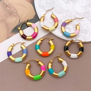 Retro colorful enamel bamboo hoop earrings in gold stainless steel for women