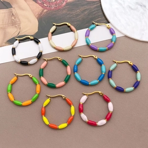 U-shaped stainless steel enamel hoop earrings in eight colorful bamboo bead styles