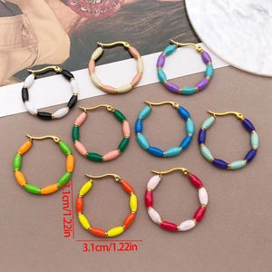 Stainless Steel Enamel Bamboo Joint Hoop Earrings For Women Geometric U-Shape Colorful Drop Oil Fashion Jewelry Accessory