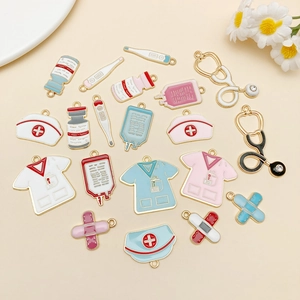 Medical themed enamel charm set with stethoscope and nurse hat for DIY jewelry making