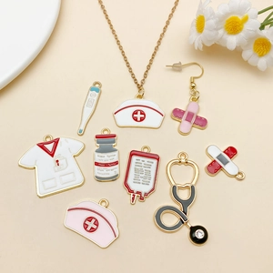 Colorful enamel medical charms set featuring nurse hat and stethoscope for DIY jewelry