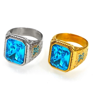 Vintage Titanium Steel Blue Gemstone Ring For Men Women Carved Rectangular Crystal Inlaid Hip Hop Fashion Jewelry Finger Ring