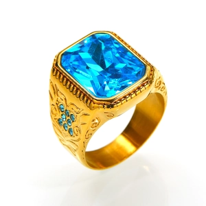 Men's retro gold-plated ring with large blue gemstone and ornate vine engraving