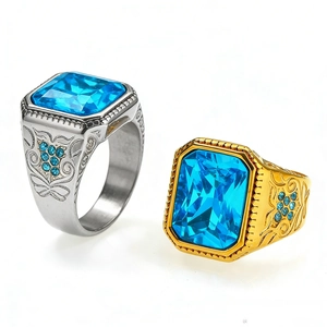 Hip hop titanium steel ring featuring a large rectangular blue gemstone and floral relief