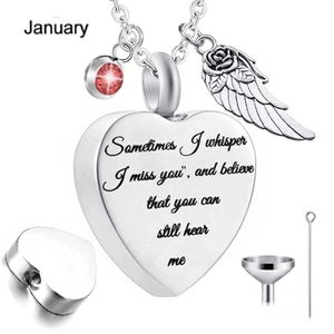 Heart cremation necklace with angel wing, January birthstone and filling tools set