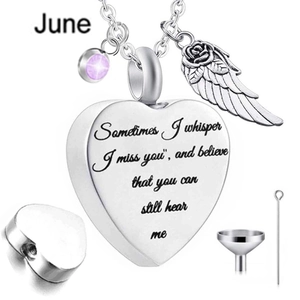 Detail of silver heart urn necklace with June birthstone and funnel filling tool kit