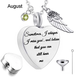 Macro detail of heart urn necklace with August birthstone and funnel kit