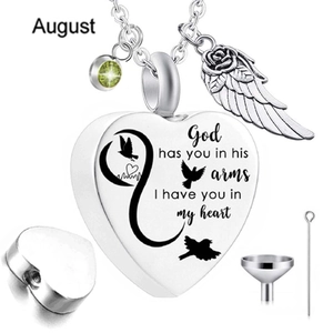Collana urna cuore argento per ceneri con pietra di agosto, ala d'angelo e kit imbuto