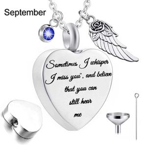 Memorial heart urn necklace for ashes with angel wing charm and September birthstone