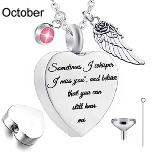 Silver stainless steel heart urn necklace with angel wing and pink October birthstone