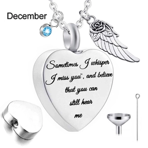 Titanium steel heart perfume urn necklace with December birthstone and angel wing charm
