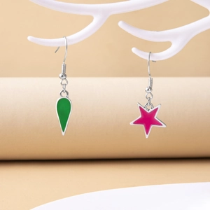 Anime Hunter x Hunter Hisoka star and teardrop earrings with green and pink enamel pendants